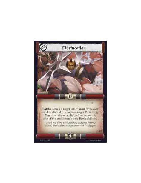 Obfuscation  - Battle: Attach a target attachment from your hand or discard pile to your target Personality. You may take an add