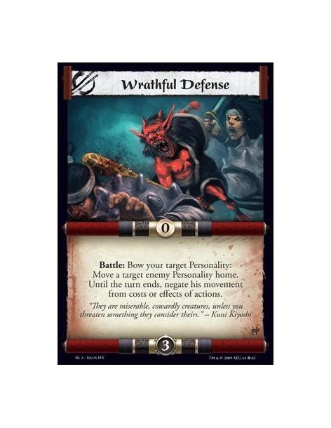 Wrathful Defense  - Battle: Bow your target Personality: Move a target enemy Personality home. Until the turn ends, negate his m