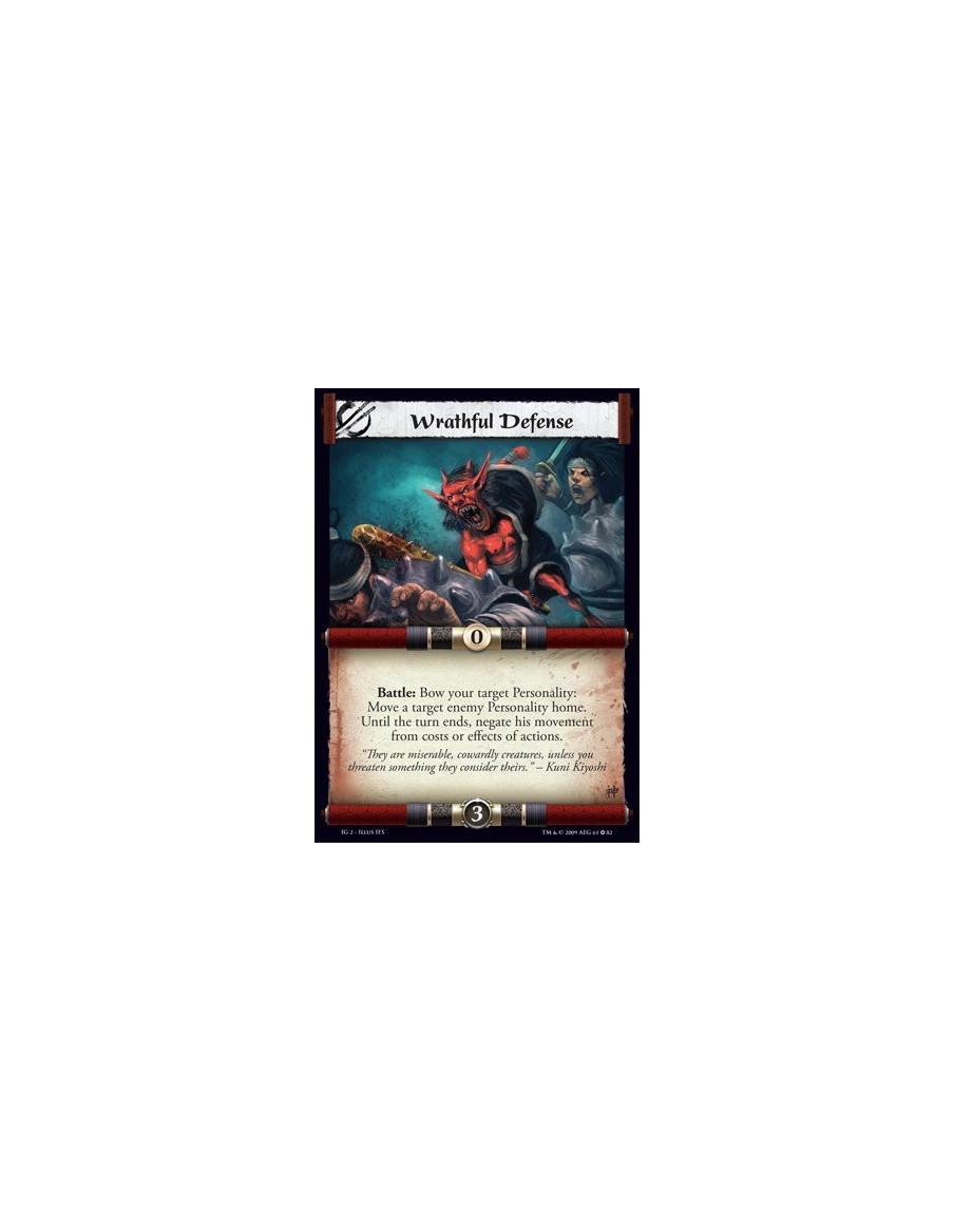 Wrathful Defense  - Battle: Bow your target Personality: Move a target enemy Personality home. Until the turn ends, negate his m