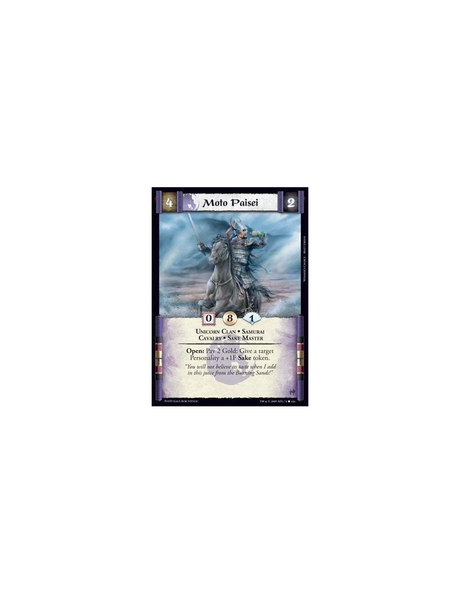 Moto Paisei  - Unicorn Clan • Samurai  • Cavalry • Sake Master Open: Pay 2 Gold: Give a target Personality a +1F Sake token.