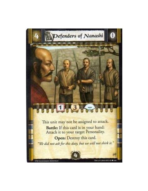 Defenders of Nanashi  - This unit may not be assigned to attack. Battle: If this card is in your hand: Attach it to your target 
