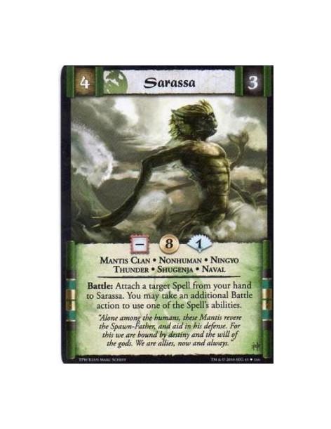 Sarassa  - Mantis Clan • Nonhuman • Ningyo • Thunder • Shugenja • Naval Battle: Attach a target Spell from your hand to Sarassa.