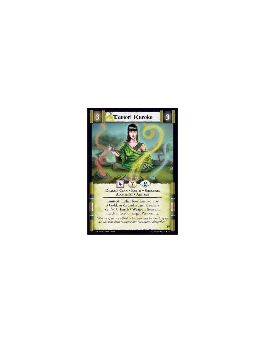 Tamori Kuroko (Spanish)  - Dragon Clan • Earth • Shugenja • Alchemist • Artisan Limited: Either bow Kuroko, pay 3 Gold, or disca
