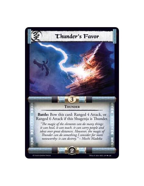 Thunder's Favor  - ThunderBattle: Bow this card: Ranged 4 Attack, or Ranged 6 Attack if this Shugenja is Thunder.