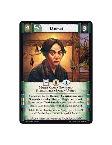 Unmei  - Mantis Clan • Nonhuman • Shapeshifter • Spirit • UniqueUnmei has Earth, Thunder, Courtier, Samurai, Shugenja, Cavalry,