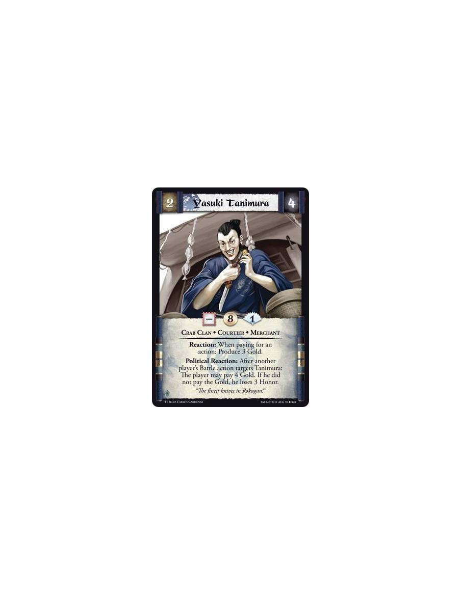 Yasuki Tanimura  - Crab Clan • Courtier • MerchantReaction: When paying for an action: Produce 3 Gold. Political Reaction: After