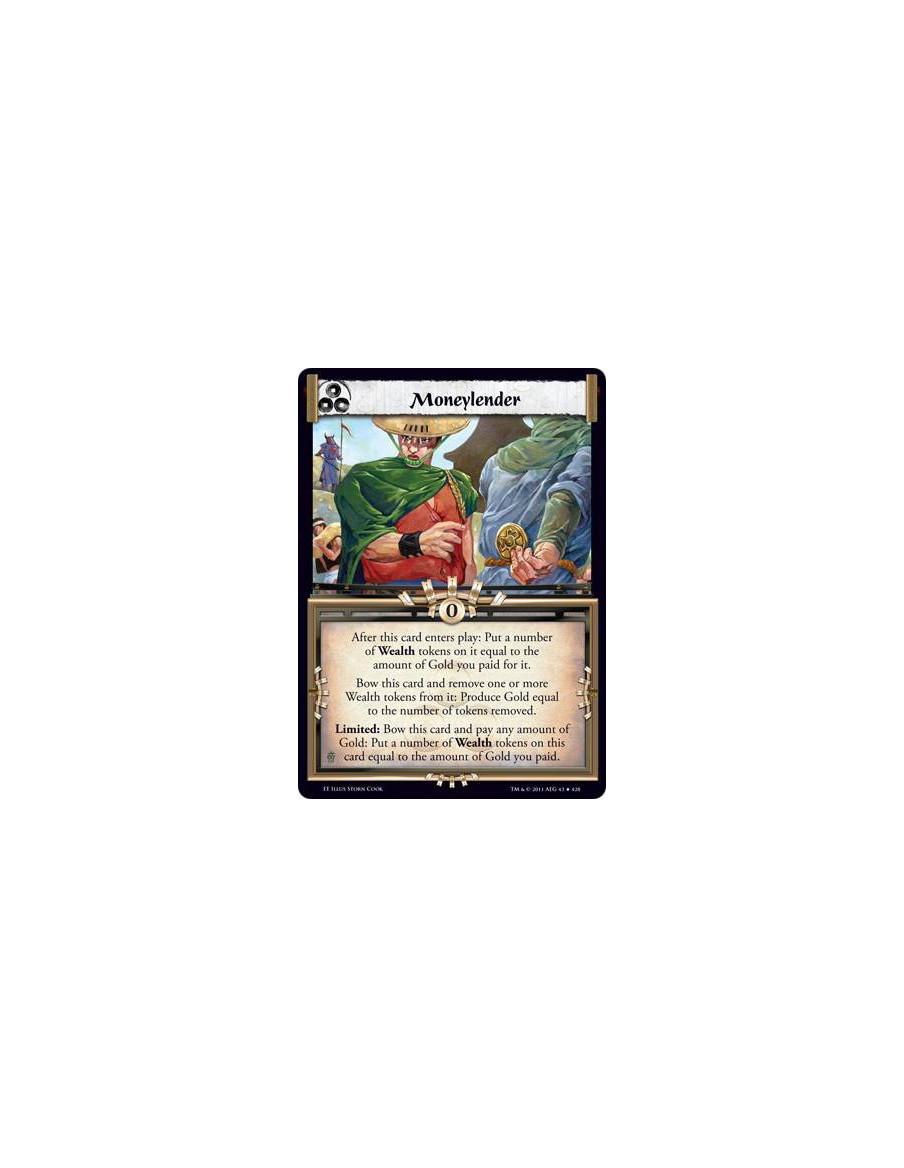 Moneylender  - After this card enters play: Put a number of Wealth tokens on it equal to the amount of Gold you paid for it. Bow