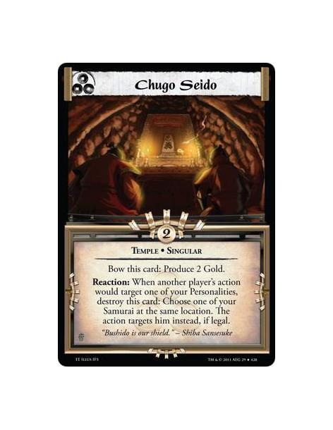 Chugo Seido  - Temple • SingularBow this card: Produce 2 Gold. Reaction: When another player’s actionwould target one of your Pe