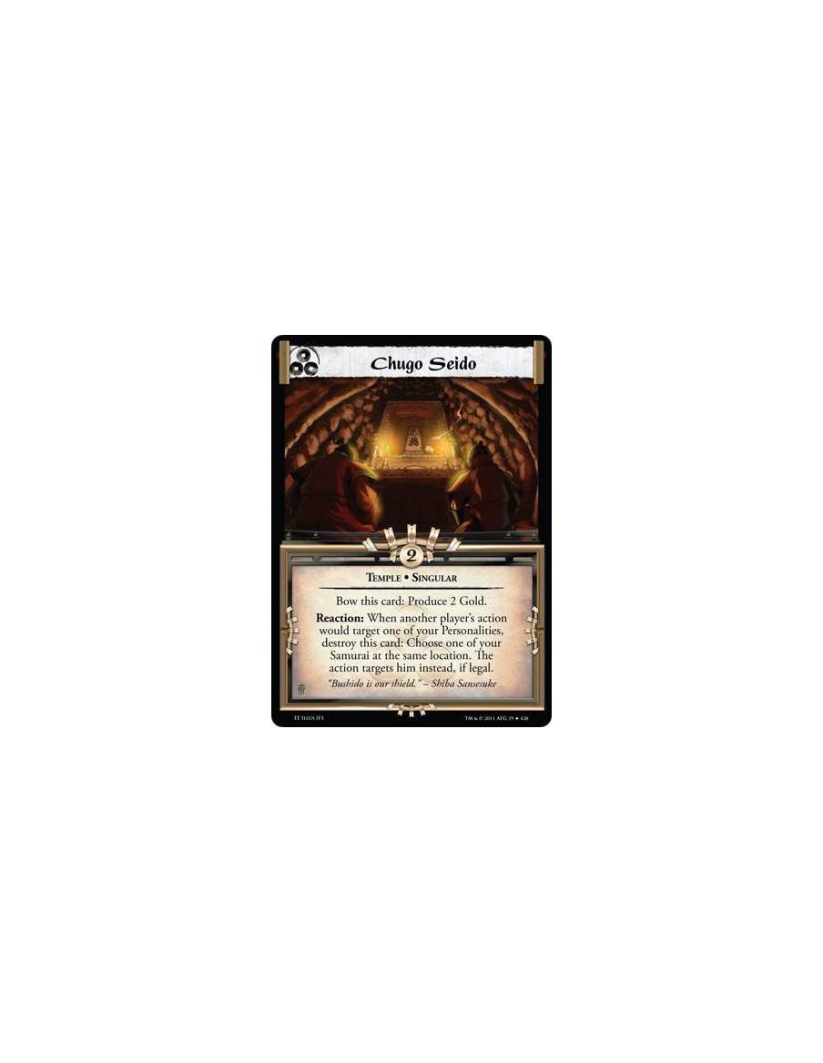 Chugo Seido  - Temple • SingularBow this card: Produce 2 Gold. Reaction: When another player’s actionwould target one of your Pe