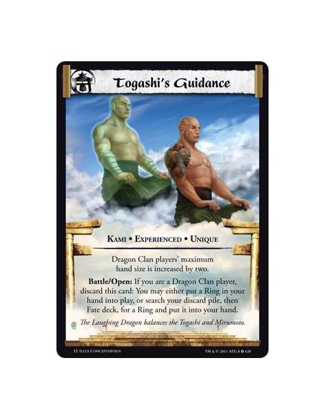 Togashi's Guidance Exp  - Kami • Experienced • UniqueDragon Clan players’ maximum hand size is increased by two. Battle/Open: If