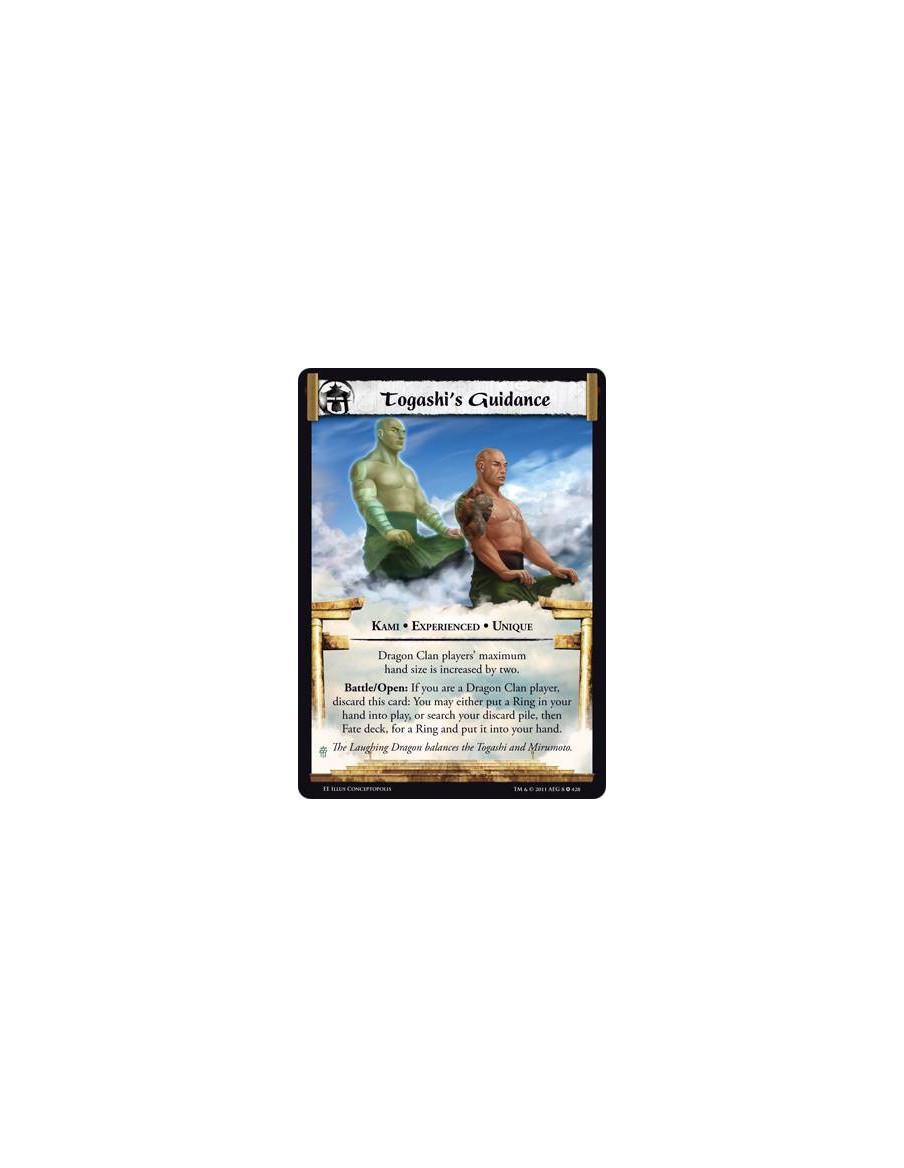 Togashi's Guidance Exp  - Kami • Experienced • UniqueDragon Clan players’ maximum hand size is increased by two. Battle/Open: If