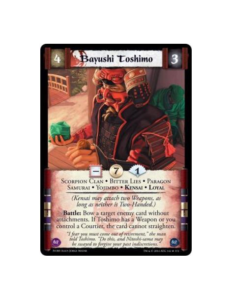 Bayushi Toshimo FOIL  - Scorpion Clan • Samurai • Bitter Lies • Kensai • Paragon • Yojimbo • Loyal(Kensai may attach two Weapons