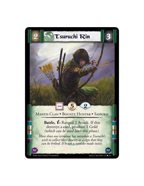 Tsuruchi Rin FOIL  - Bounty Hunter • Mantis Clan • SamuraiBattle, w: Ranged 2 Attack. If this destroys a card, produce 1 Gold (w