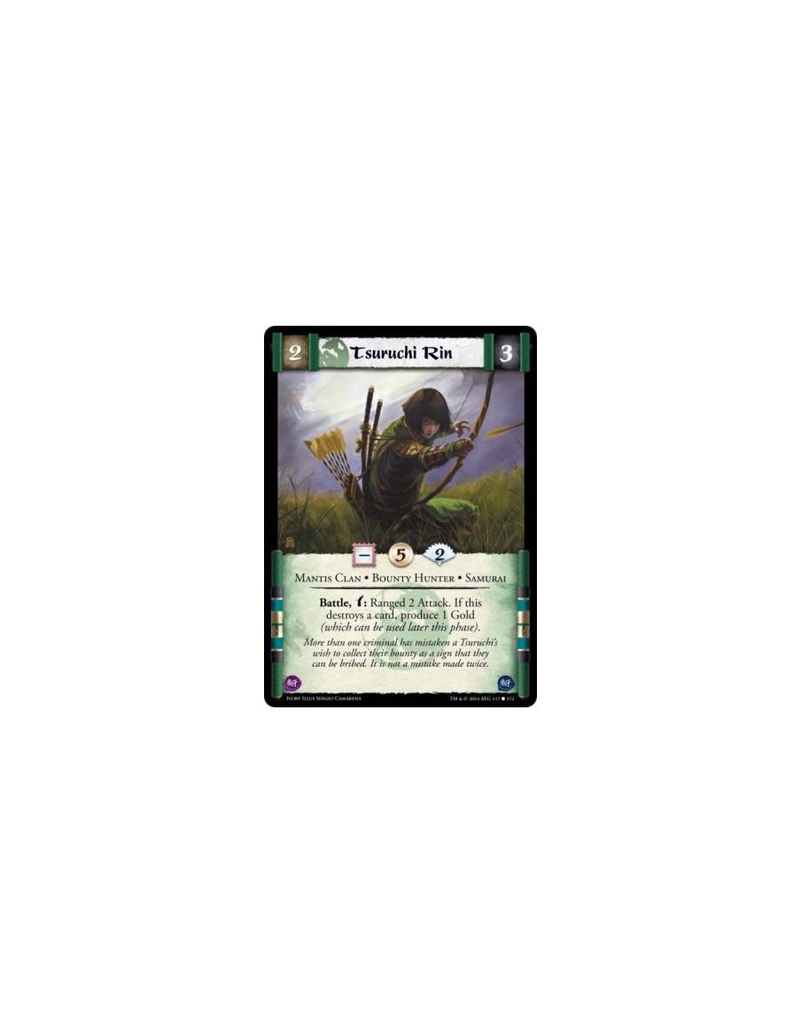 Tsuruchi Rin FOIL  - Bounty Hunter • Mantis Clan • SamuraiBattle, w: Ranged 2 Attack. If this destroys a card, produce 1 Gold (w