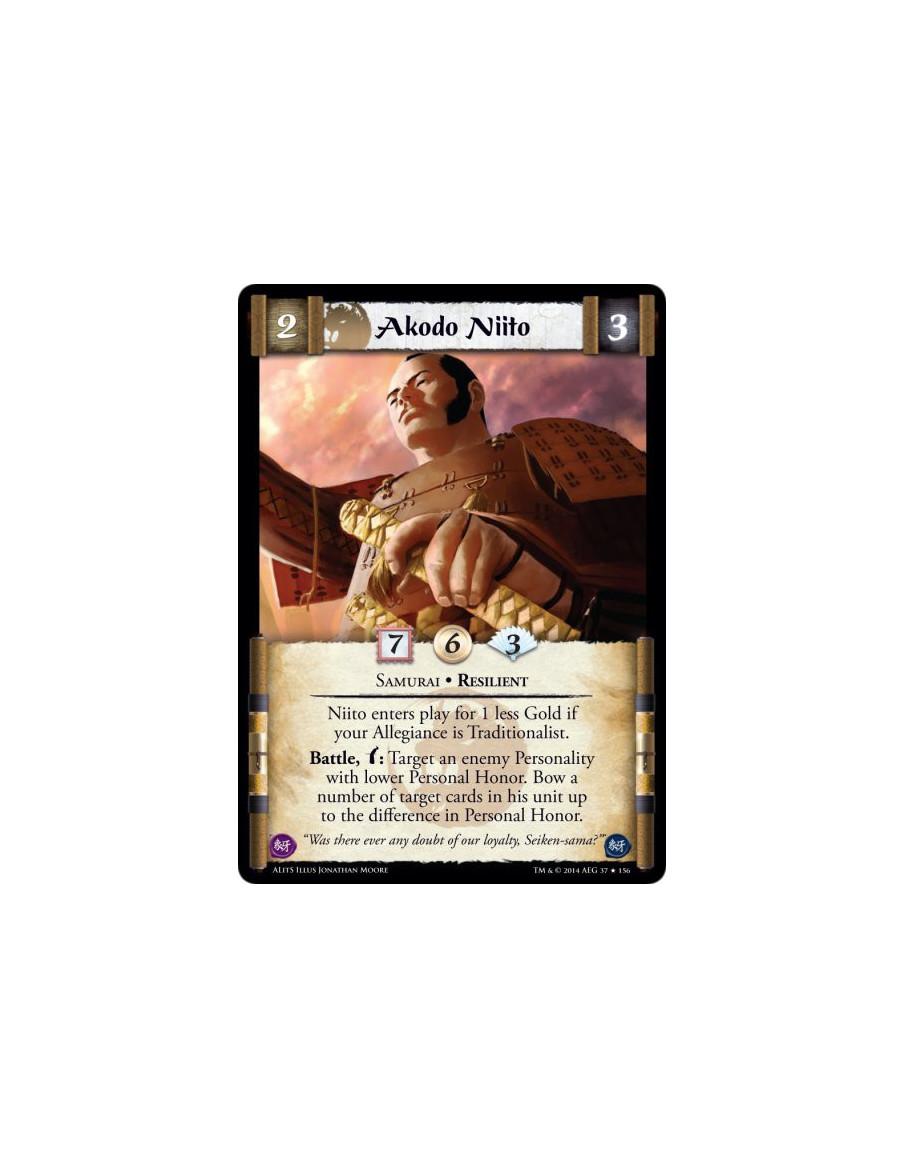 Akodo Niito  - Samurai • ResilientNiito enters play for 1 less Gold if your Allegiance is Traditionalist.Battle, w: Target an en