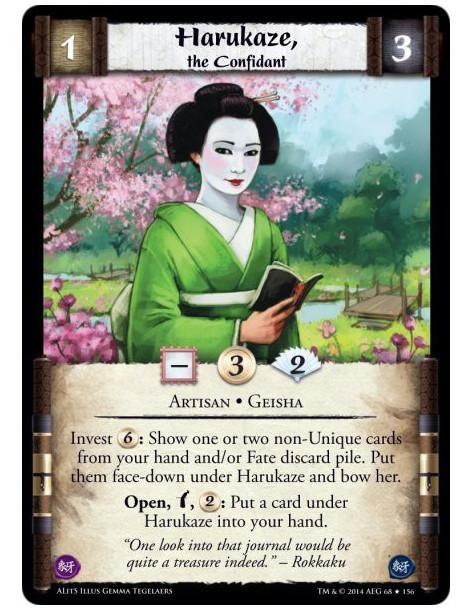 Harukaze, the Confidant  - Artisan • GeishaInvest 6: Show one or two non-Unique cards from your hand and/or Fate discard pile. P