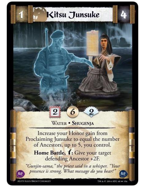 Kitsu Junsuke FOIL  - Shugenja • WaterIncrease your Honor gain from Proclaiming Junsuke to equal the number of Ancestors, up to 
