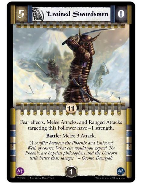 Trained Swordsmen  - Fear effects, Melee Attacks, and Ranged Attacks targeting this Follower have -1 strength. Battle: Melee 3 A