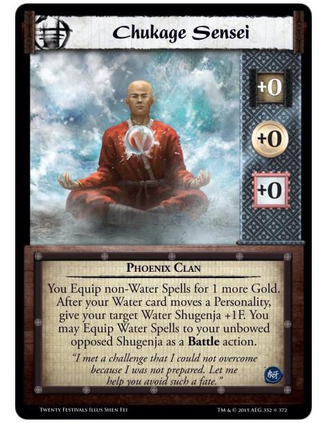 Chukage Sensei  - Phoenix ClanYou Equip non-Water Spells for 1 more Gold. After your Water card moves a Personality, give your t