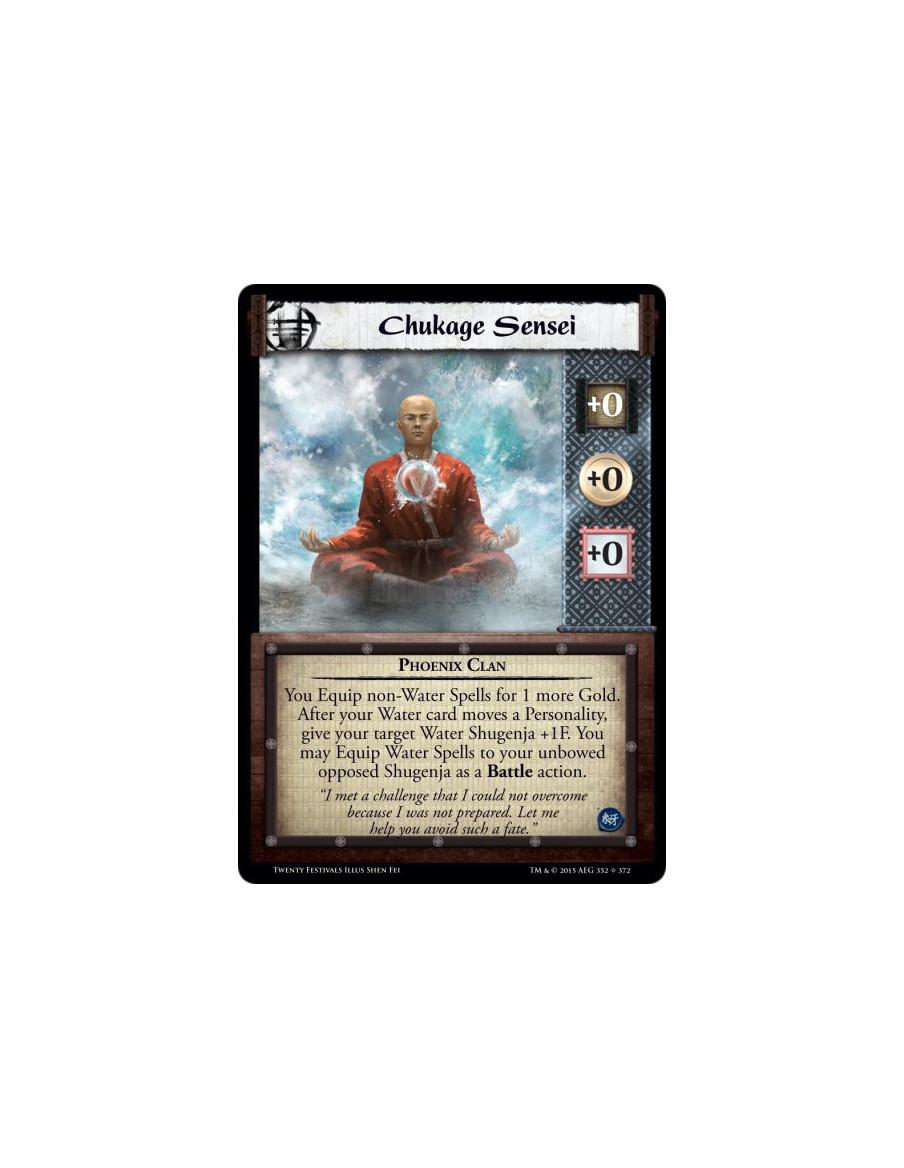 Chukage Sensei  - Phoenix ClanYou Equip non-Water Spells for 1 more Gold. After your Water card moves a Personality, give your t