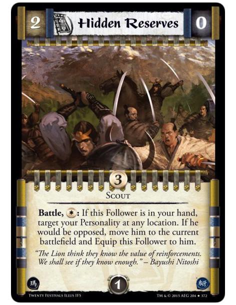 Hidden Reserves FOIL  - ScoutBattle, *:: If this Follower is in your hand, target your Personality at any location. If he would 