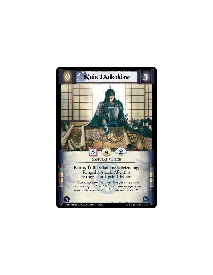 Kaiu Daikohime  - Samurai • Siege  Battle, w: If Daikohime is defending, Ranged 3 Attack. After this destroys a card, gain 1 Hon