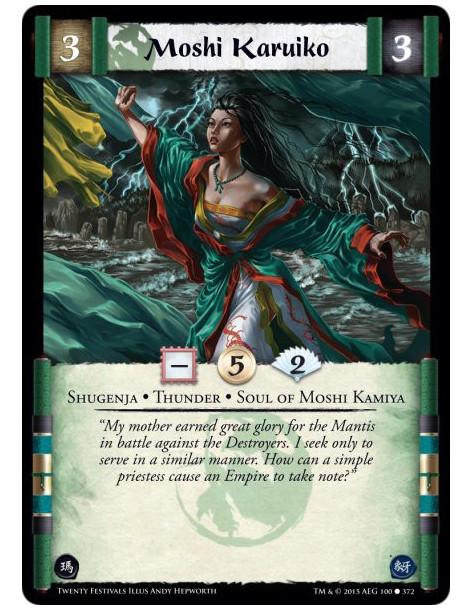 Moshi Karuiko  - Shugenja • Soul of Moshi Kamiya • Thunder    (Shugenja may attach and cast Spells.)