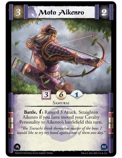 Moto Aikenro  - Samurai    Battle, w: Ranged 3 Attack. Straighten Aikenro if you have moved your Cavalry Personality to Aikenro'