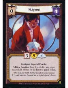 Kiyomi  - Unaligned Imperial Courtier Political Reaction: Bow Kiyomi after any player successfully lobbies for the Favor to gain