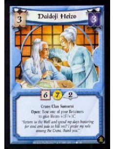 Daidoji Heizo - Crane Clan Samurai Open: Bow one of your Retainers to give Heizo +1F/+1C."Return to the Wall and spend my days