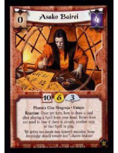Asako Bairei  - Phoenix Clan Shugenja. Unique Reaction: Once per turn, bow to draw a card after playing a Spell from your hand.
