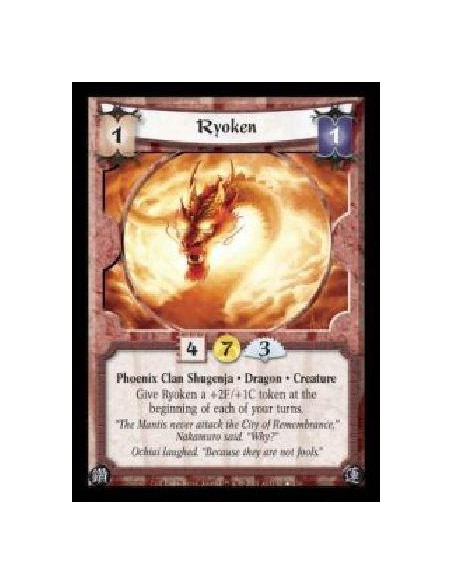 Ryoken (Español)  - Phoenix Clan Shugenja · Dragon · Creature. Give Ryoken a +2F/+1C token at the beginning of each of your turn