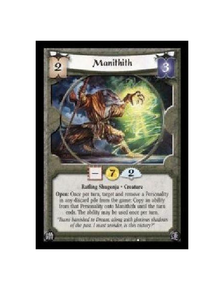 Manithith (Español)  - Ratling Shugenja · Creature. Open: Once per turn, target and remove a Personality in any discard pile fro