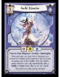 Iuchi Umeka (Español)  - Unicorn Clan Shugenja · Cavalry · Baraunghar. Once per turn, you may bow a Samurai you control in Umeka