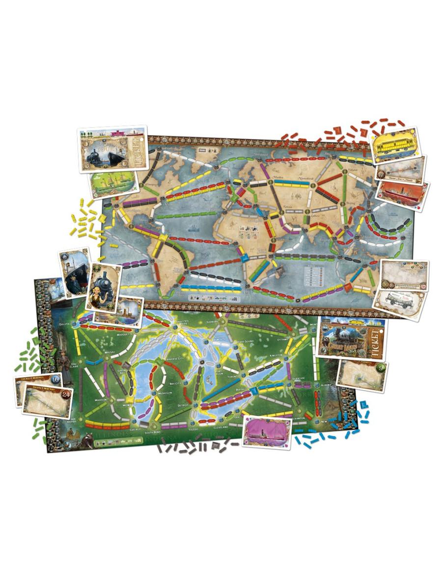 ¡Aventureros al Tren! La Vuelta al Mundo  - CONTENIDO  1 tablero de juego de doble cara (Mundo / Grandes lagos), 165 piezas de T