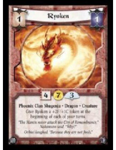 Ryoken  (Español) (Signed by Steve Argyle)  - Phoenix Clan Shugenja · Dragon · Creature. Give Ryoken a +2F/+1C token at the begi