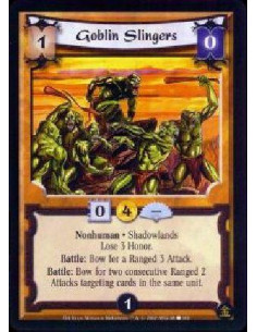 Goblin Slingers  - Nonhuman * Shadowlands * Lose 3 Honor. Battle: Bow Goblin Slingers for a Ranged 3 Attack. Battle: Bow Goblin