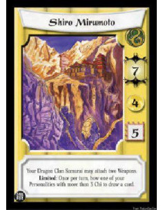 Shiro Mirumoto (Spanish)  - Your Dragon Clan Samurai may attach two Weapons. Limited: Once per turn, bow one of your Personaliti