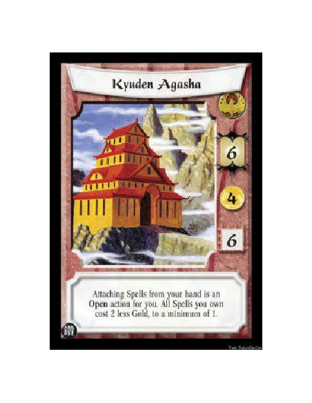 Kyuden Agasha  - Attaching Spells from your hand is an Open action for you. All Spells you own cost 2 less Gold, to a minimum of