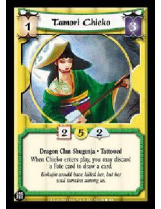 Tamori Chieko  - Dragon Clan Shugenja * Tattooed When Chieko enters play, you may discard a Fate card to draw a card.