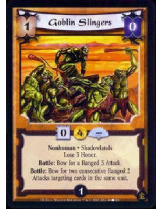 Goblin Slingers  - Nonhuman * Shadowlands * Lose 3 Honor. Battle: Bow Goblin Slingers for a Ranged 3 Attack. Battle: Bow Goblin