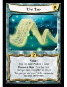 The Tao (Español)  - Unique. Bow this card: Produce 2 Gold. Elemental Open: Bow this card: Once per turn, straighten all Rings