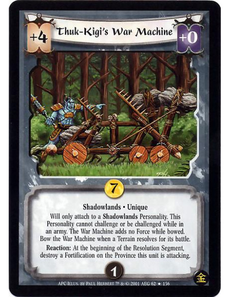 Thuk-Kigi's War Machine  - Unique. Shadowlands Will only attach to a Shadowlands Personality. This Personality cannot challenge 