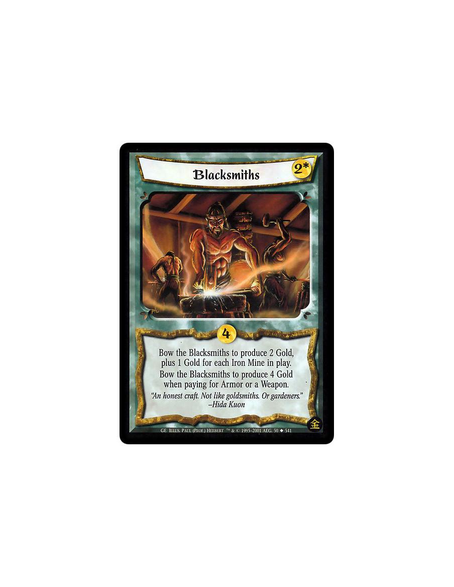 Blacksmiths  - Bow Blacksmiths to produce 2 Gold, plus 1 Gold for every Iron Mine in play. Bow Blacksmiths to produce 4 Gold whe
