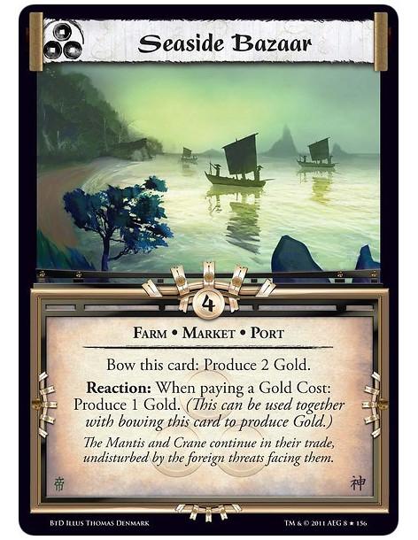 Seaside Bazaar (Español)  - Farm • Market • PortBow this card: Produce 2 Gold. Reaction: When paying a Gold Cost: Produce 1 Gold