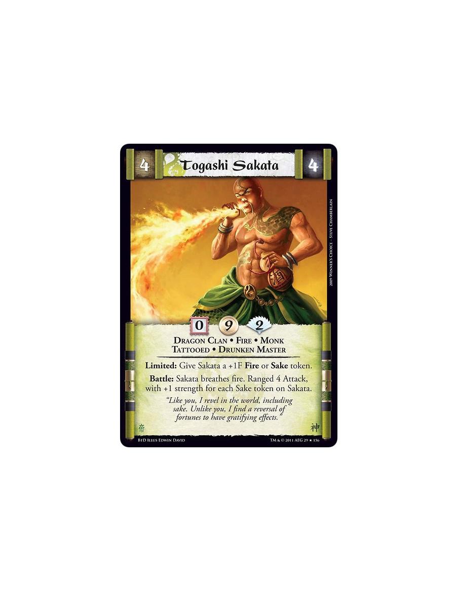 Togashi Sakata (Español)  - Dragon Clan • Fire • Monk • Tattooed • Drunken MasterLimited: Give Sakata a +1F Sake token. Battle: 