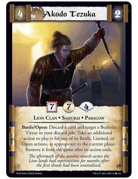 Akodo Tezuka (Spanish)  - Lion Clan • Samurai • ParagonBattle/Open: Discard a card and target a Bushido Virtue in your discard p