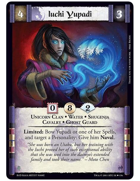 Iuchi Yupadi (Español)  - Unicorn Clan • Water • Shugenja • Cavalry • Ghost GuardLimited: Bow Lo-pan or one of her Spells, and t