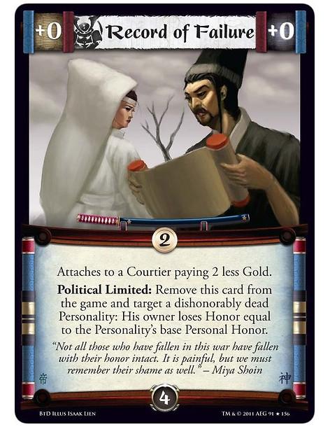Record of Failure  - Attaches to a Courtier paying 2 less Gold.Political Limited: Remove this card from the game and target a di