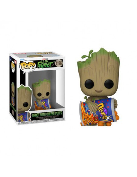 Funko Pop Groot with Cheese Puffs. I am Groot